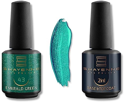 Shayenne 2er Set UV Gel Nagellack 43 Emerald Green Grün 15ml + 2in1 Base Coat und Top Coat 15 ml UV LED Lampe Unterlack mit Überlack Nagel Lack Gellack Nagelgel Shellac (30 ml)