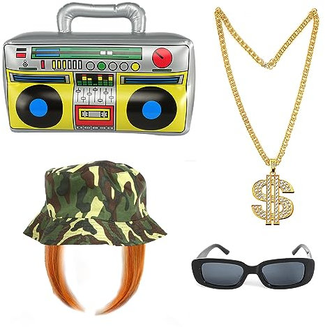 FASBET Kevin Ginger Wig Fancy Dress 80s 90s Hip Hop Costume Kit Ginger Wig, Bucket Hat, Boom Box, Gold Chain, Glasses, Rapper Fancy Dress Wigs Hip Hop Wigs 90s Rave