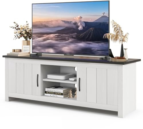 GYMAX Mueble TV de hasta 65 Pulgadas, Mesa Television de Madera con 2 Armarios y Estantes Abiertos, Mueble Bajo TV con Puertas para Salón y Dormitorio, 145 x 40 x 50 cm(Blanco+Marrón)