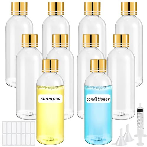 Sheryl&Rain 10Pcs 100ml Travel Bottle for Toiletries, Plastic Bottles Empty, Refillable Transparent Travel Bottles with Syringe Funnels and Labels for Travel Toiletries Makeup,Golden Lid