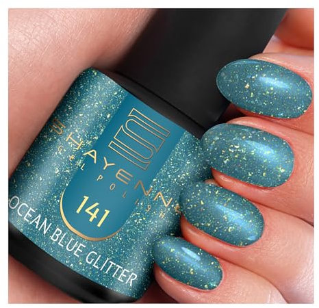 SHAYENNE UV Gel Nagellack - 141 Ocean Blue Glitter Blau mit Glitzer 15 ml - Langanhaltend, Kratzfest & Hochglänzend - Profi-Qualität - LED kompatibel - Perfekt für Zuhause & Studio - Made in Germany