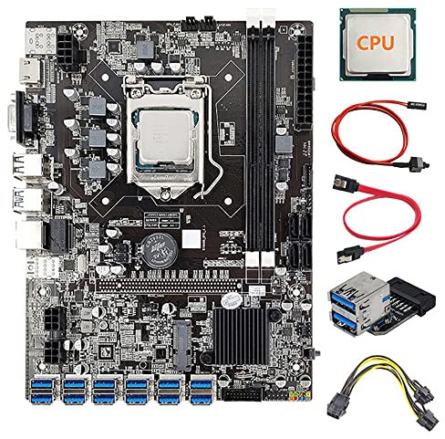 AMIUHOUN 12 GPU B75 BTC Mining Motherboard+CPU+Power Cable+USB3.0 Adapter+Switch Cable 12X USB3.0 Slot LGA1155 DDR3 RAM SATA3.0