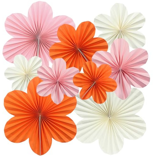 Surflyee Lot de 9 Rosace Papier Decoration, Papier Guirlande pour Décorations, Évantail en Forme de Fleur, Convient pour les Anniversaires, les Mariages et les Fêtes, Beige, Rose Clair, Orange