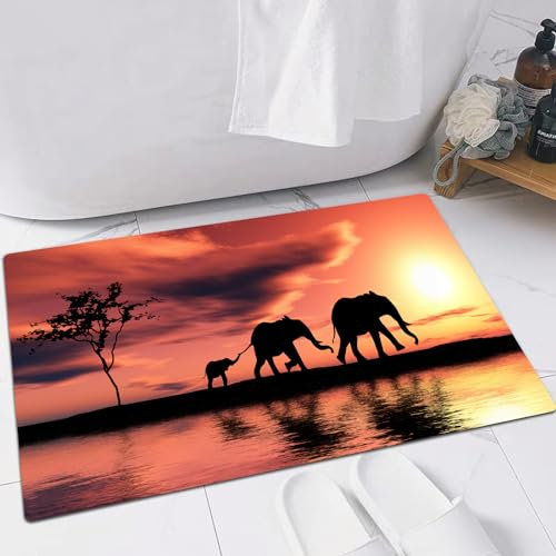 EMFSLA rutschfest Badezimmer Badeteppiche,Weich Hochflor Saugfähig Badvorleger Waschbar Flauschige Mikrofaser Badematte,Elefantensilhouetten auf einem Fluss Afrika Tiere Tierwelt Abenteuerla,60x90 cm