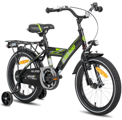HILAND 16 Zoll Jungen Kinderfahrrad für Jungen 4 5 6 Jahren mit Rücksitz/Gepäckträger, Handbremse und Rücktritt Schwarz