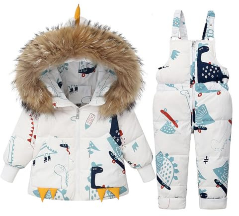 Trajes de Nieve 2 Piezas para Bebé Niña Invierno Chaqueta de Plumón Dinosaurios Abrigo con Babero de Nieve Pantalones Niños Traje de Esquí Ropa