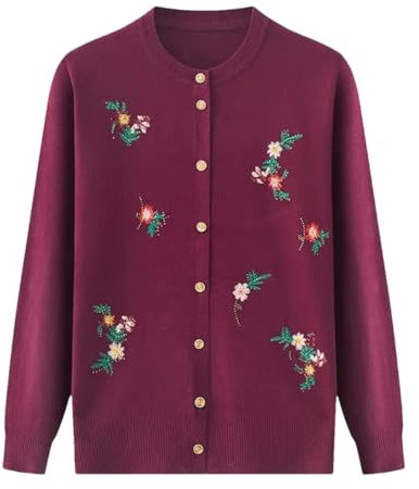 Cardigan lavorato a maglia per anziani di mezza età, maglione da donna ricamato, Viola scuro, XL