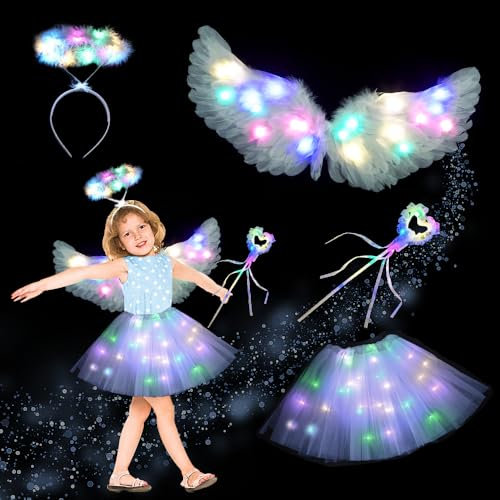 Alas de Ángel Disfraz,LED Alas de Angel,4 Piezas Alas de Angel Decoración,Bastón Mágico,Falda,Trajes de Carnaval de Fiesta,Cosplay Halloween (Color)