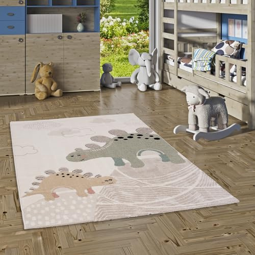 Pergamon Happy Kids Kinderteppich Dino Stegosaurio Creme - Weich, Strapazierfähig & Schadstoffgeprüft - Hoch-Tief-Struktur, 100% Polypropylen, Pflegeleicht, rutschfest - Perfekt für Kinderzimmer