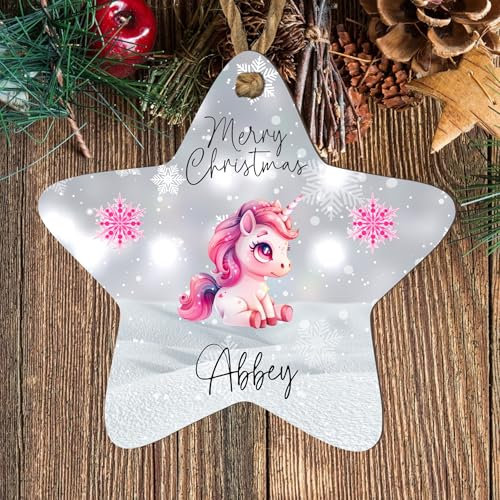 Personalised Unicorn Merry Christmas Star Bauble Ornament – Custom Name Christmas Tree Decoration for Kids & Unicorn Lovers (Grey, Mdf Wood Indoor Use Only)