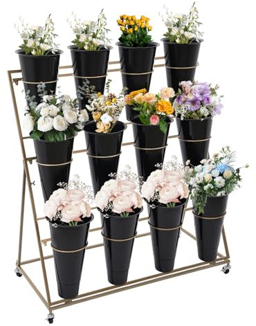 GLDWEY Estantería para Plantas Metálica, 3 Niveles, Mueble para Macetas, Repisas de Flores, con Ruedas, Acero para Salón Balcón Terraza Patio