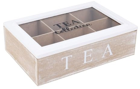 WELL HOME - Caja de té de 6 compartimentos con tapa de vidrio en MDF blanco