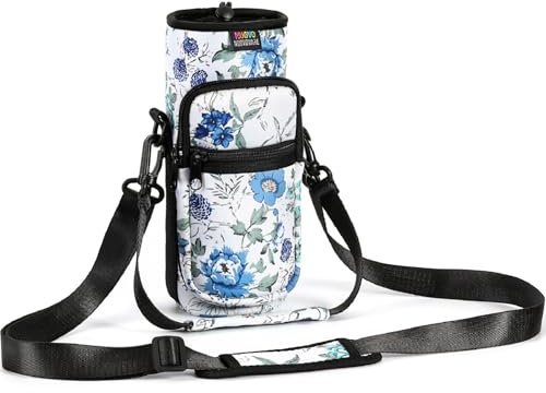Nuovoware Water Bottle Carrier Bag, 1000ml Bottle Pouch Holder, Adjustable Shoulder Hand Strap 2 Pocket Sling Neoprene Sleeve Sports Accessories for Hiking Travelling, White Blue Floral