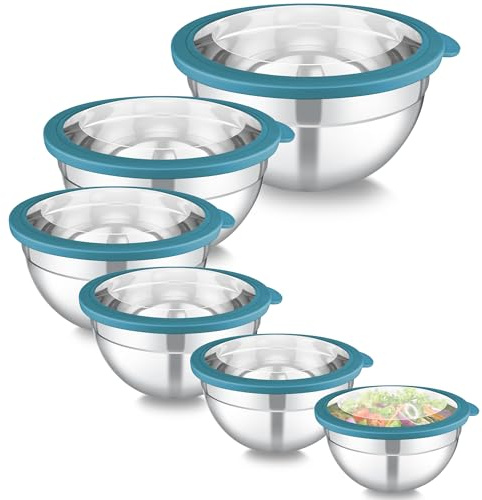 Homikit Rührschüssel 6er Set, Edelstahl Schüssel Set mit Deckel, Blau | Salatschüssel Schüsselset zum Servieren Kochen Backen, 4,5L, 2,8L, 2,5L, 1,6L, 1,2L, 0,7L, Stapelbar Spülmaschinenfest
