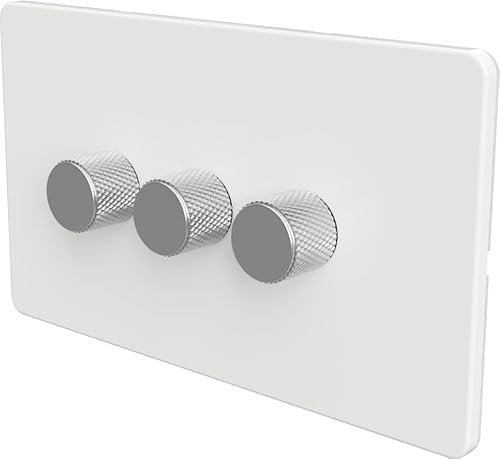 Flat Trailing Edge 2 Way LED Dimmer Switch Rotary Push On/Off for Dimmable LED and Halogen Lights - White/Silver 3-Gang