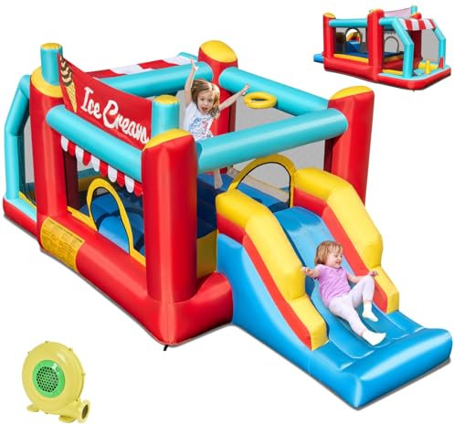 GYMAX 5 in 1 Kids Bouncy Castle, Inflatable Jumping House with Slide, Ball Pit, Ring-toss Game & Basketball Hoop, Outdoor Blow up Playhouse for Garden Backyard, 475x224x201cm (with 480W Blower)