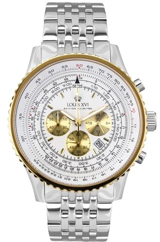 LOUIS XVI Artagnan 3441 - Ø 47.5 mm - Herren Uhr - Chronograph - Wasserdicht - Uhr mit Saphirglas - Bicolor - Armband Silber - Zifferblatt Weiß
