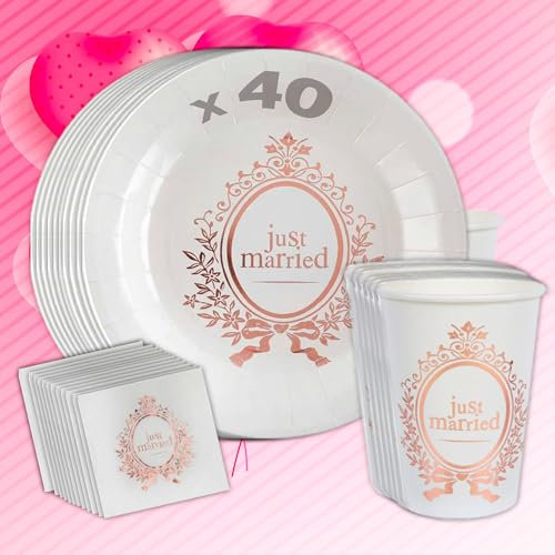 Pack vaisselle carton mariage - Just Married Rose Gold – 40 assiettes Ø22,5cm, 40 gobelets 27cl, 40 serviettes 25x25cm – Déco mariage chic et élégante