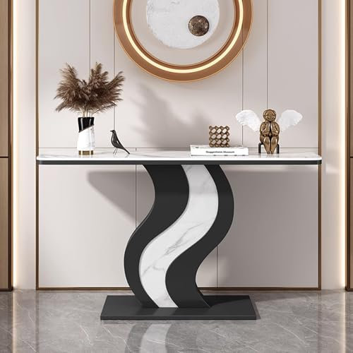 Konsolentisch Schmal Flur Leichter Luxus Steinplatte Flurtisch Schwarzer S-förmiger Metallrahmen Hochtemperatur-Lack Sofatisch für Eingangsbereich, Wohnzimmer, Flur(White,100 * 30 * 80cm)