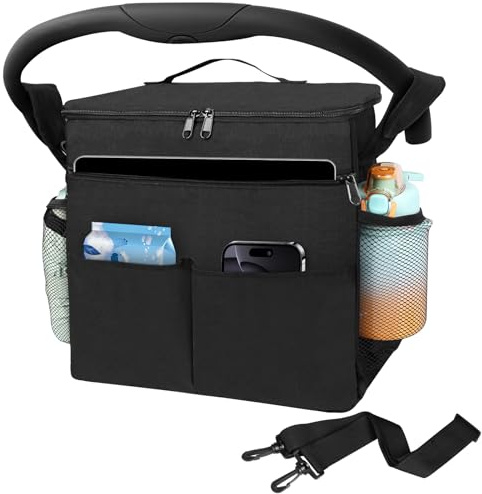 HOTUT Groß Kinderwagen Organizer, Kinderwagen Tasche Universal mit Isolierte Getränkehalter und Verstellbare Schultergurte, wasserdichte Kinderwagentasche Organizer, Schwarz