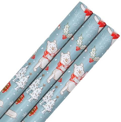 Hallmark Wrapping Paper Multipack, Winnie the Pooh, 3 x 4M Rolls, 12M | Pale Blue Pooh & Piglet Design, Plastic Free, Recyclable, Extra Wrap, Forest Sources