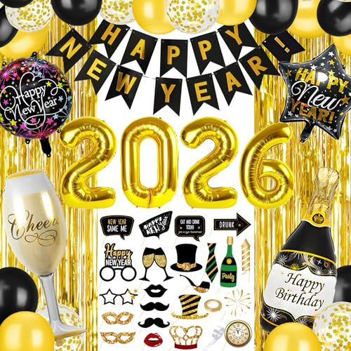 Silvester Deko 2026,Neujahr Deko 2026 Set,Schwarz Gold Neujahr Deko 2026 Happy New Year Banner,2026 Folienballon,Glitzer Vorhänge,2026 Foto Requisite Party Dekoration Set,für Silvesterparty