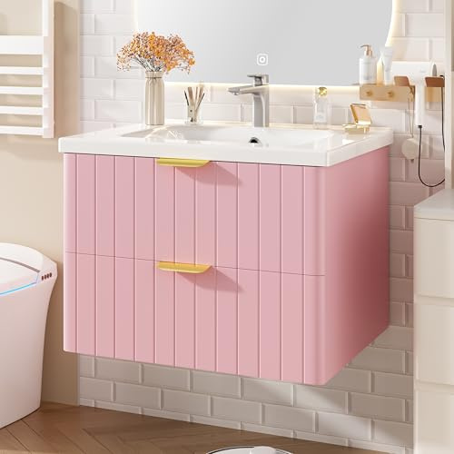 Ligterra Armario colgante para debajo del lavabo con lavabo, almacenamiento doble, tablero DM resistente a la humedad, lavabo, lavabo de cerámica resistente a la suciedad con armario bajo (rosa y