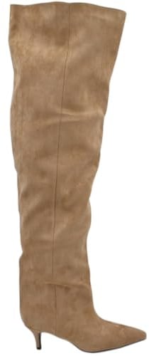Stivali Slouchy Altissimo in camoscio Beige a Punta con Tacco Basso Kitten Gambale Over Trend (38 EU)