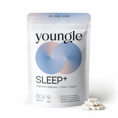 SLEEP+ Schlaf Kapseln – Unterstützung für Einschlafen & durchgehenden Schlaf + Magnesium Bisglycinat & L-Theanin – Apigenin, Kamille, abendliche Einnahme, 30 Tage – 60 Kapseln