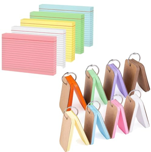 Karteikarten Set: 250 Stück A6 Karteikarten in 5 Farben (mit Linien), 8 Stück Mini Karteikarten mit Ring – Ideal für Notizen, Vokabeltraining & Prüfungsvorbereitung