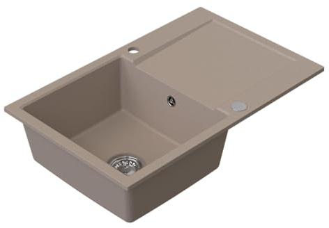 HOMEVELLO Spülbecken DIGNUM Einbecken Granitspüle 79x50x21cm Beige, Hochwertige Küchenspüle mit Siphon, Abtropffläche, Pflegeleicht, Kratzfest, Moderne Design, Perfekt für jede Küche