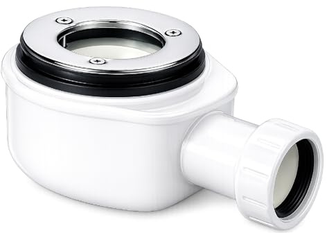 Válvula de Desagüe para Plato de Ducha 140 mm Sifón Ducha con Aro de Acero Inoxidable Brillo | Fijación con 3 Tornillos | Con Contenedor de Residuos | Alta Capacidad de Evacuación | Fluvia
