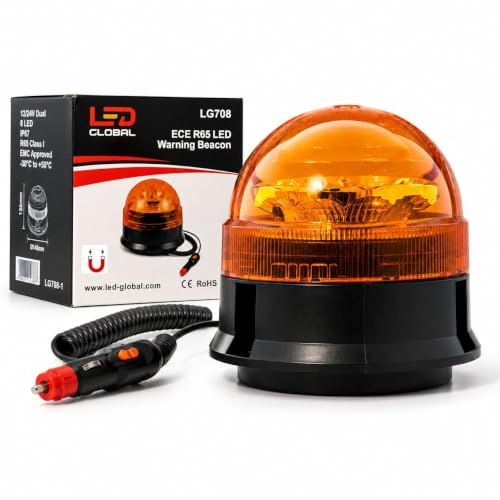 LED Global Rundumleuchte Magnet 12V 24V – LED Warnleuchte Orange mit Magnetfuß und Zigarettenanzünder-Stecker – 3 Blitzmuster, ECE R65 R10 StVZO Zulassung, IP67, für Traktor LKW Pannenhilfe