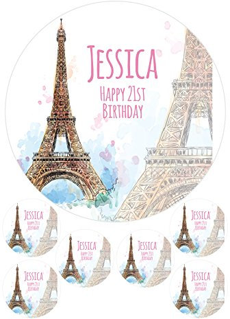 Personalised Paris Eiffel Tower France 7.5 & 6 x 2 Round Edible Toppers Cupcake Cake Wafer Paper