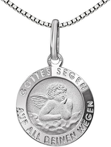CLEVER SCHMUCK Set Silberner Kinder Anhänger Engel Ø 12 mm mit Gottes Segen auf All deinen Wegen, Rückseite Zur Heiligen Taufe & Kette Venezia 40 cm Sterling Silber 925 für Junge oder Mädchen