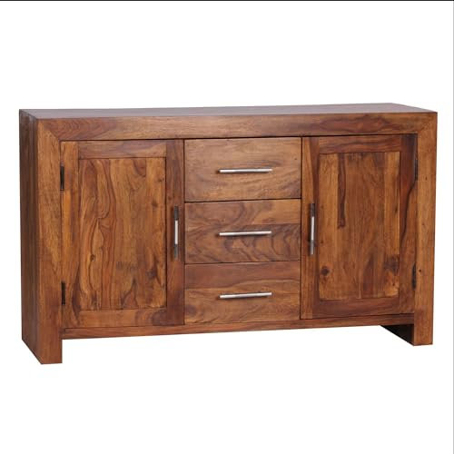 FineBuy Sideboard Massivholz Sheesham Kommode 118 cm 3 Schubladen 2 Türen Design Highboard Landhaus-Stil braun Natur