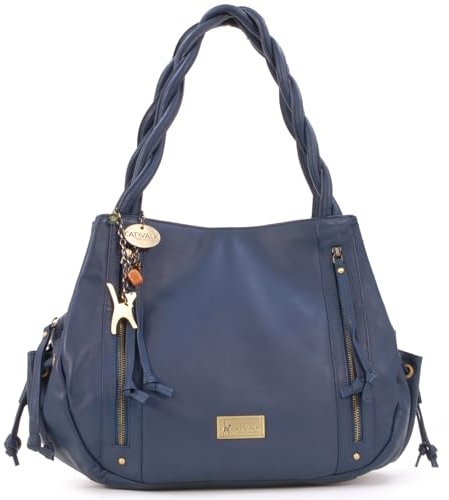 Catwalk Collection Handbags - Damen Leder Schultertasche - Handtasche Groß - Tote Bag mit Viele Fächer - Caz - Blau