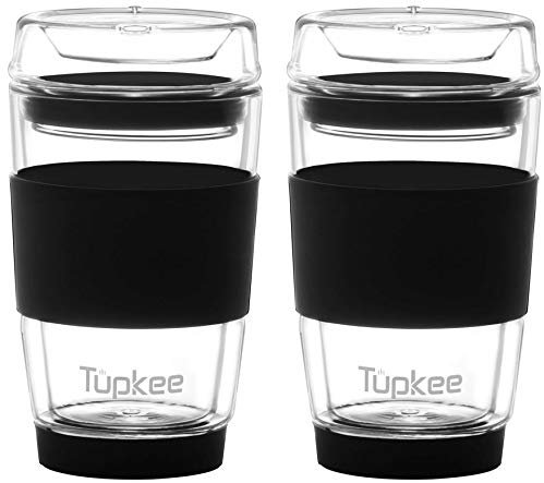 Tupkee Double Wall Glass Tumbler - 8-Ounce, Reusable Insulated Tea/Coffee Mug & Lid, Hand Blown Travel Mug - Black - 2 Pack