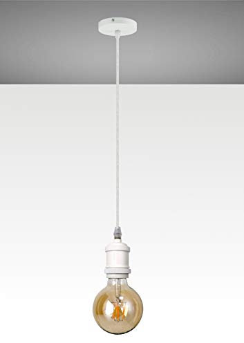 Trango 9000WL LED Retro Pendelleuchte in Weiß matt inkl. 1x E27 4 Watt LED Amber *VINTAGE* Glühbirne 2500K warmweiß Gold farbig, Hängelampe nostalgisch inkl. 110cm Textilkabel & Schraubring