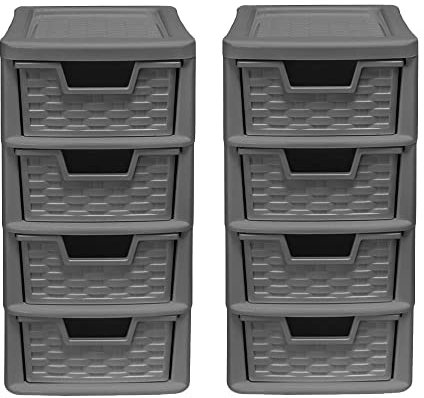 4 Drawer Small Rattan Tower Unit - Grey, Set of 2 Units - 38.5cm (H) x 19cm (W) x 26cm (D)