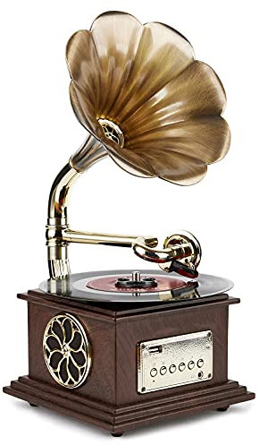 Asommet Gramophone Turntable Retro Turntable All In One Nostalgic Vintage Phonograph for LP with Copper Horn, Built-in Speaker 3.5mm Aux-In/USB/FM Radius Size: 13.5 Inch