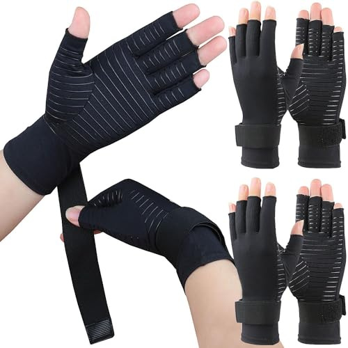 Kecartu 2 Pairs Copper Arthritis Compression Gloves with Adjustable Wrist Strap, Carpal Tunnel, Typing, Support for Men Women