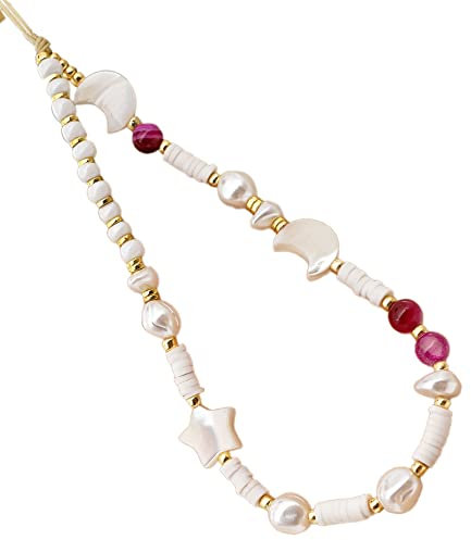 Handykette Perlen Handyanhänger,Böhmische Smiley Stern Mond Clay Perlen Telefon Charm Strap Mobile Phone Beads Lanyard Handgelenkkette Wrist Bracelet Phone Charm Strap Cord Lanyard für Damen,Weiß