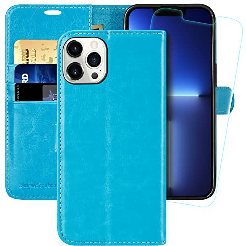 MONASAY Wallet Case for iPhone 13 Pro Max 5G,6.7-inch[Glass Screen Protector Included] [RFID Blocking] Flip Folio Leather Cell Phone Cover with Credit Card Holder,Light blue