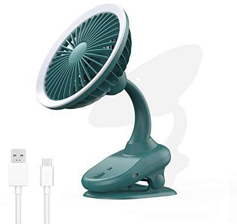 Clip on Fan with Battery Powered Usb Rechargeable Desk Fan - Adjustable 4 Speed Clip Fan - Night Light Table Fans - Strong Airflow Auto Horizontal Rotation Cooling Fans (Dark Green)