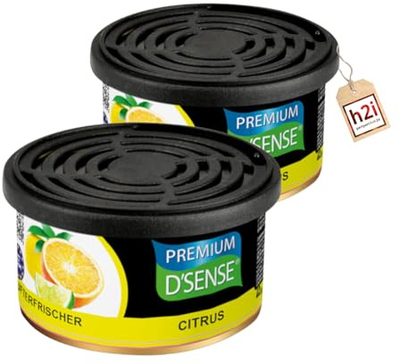 h2i Premium Duftdose | citrus | 2 Stück | Auto Lufterfrischer und Duftspender für Camping, Büro & Zuhause | 60 Tage frischer Duft mit Mengenregulierung | passt in Getränkehalter | inkl. h2i Sticker