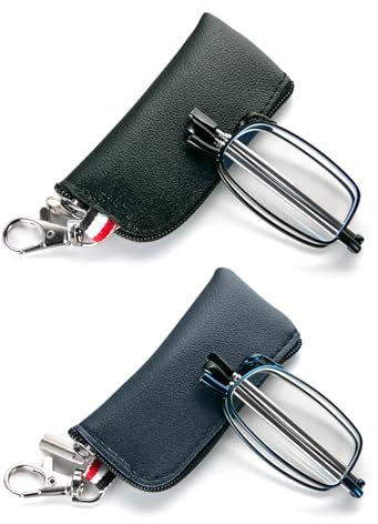 MMOWW Faltbare Lesebrille für Damen und Herren mit Teleskopstange mit Reißverschluss Schlüsselanhänger Mini Anti Blaulicht Brille (Schwarz+Blau,+3,0)