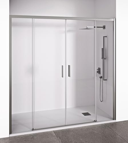 Mampara de ducha frontal 2 hojas correderas + 2 fijos sin perfilería inferior - Transparente - Cristal templado 6 mm Antical - Perfilería Plata Brillo - Ancho adaptable 150-155 cm - Alto 195 cm - EIRE