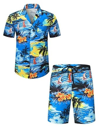 Meilicloth Hawaii Hemd Männer Hawaiihemd Herren Set Flamingo Blumenmuster Floral Kurzarm Sommer Shorts Herren Kurze Hose Herren Blau - Strand XL