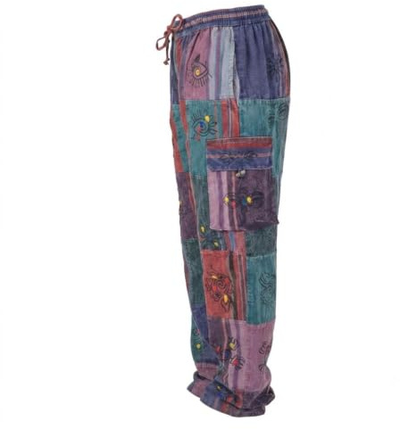 Ezhippie Pantalones de Patchwork Hippie Hechos a Mano para Hombres, Pantalones Cargo de Cintura elástica 100% algodón Estilo Bohemio